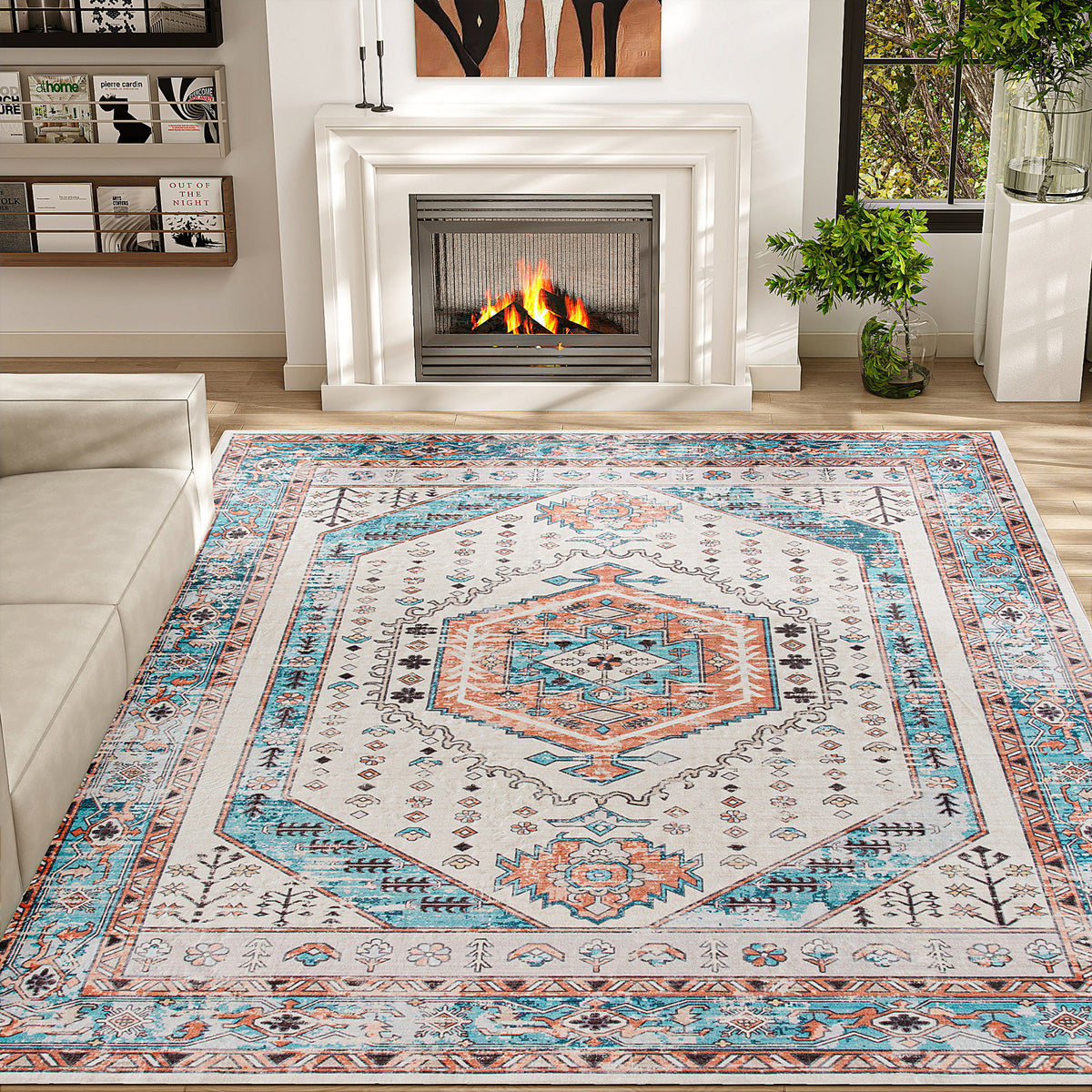 8x10 Area Rug, Vintage Machine Washable Rug, Non-Slip Floor Carpet for Living Room, Bedroom, Dining Room, Brown and Blue