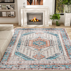 8x10 Area Rug, Vintage Machine Washable Rug, Non-Slip Floor Carpet for Living Room, Bedroom, Dining Room, Brown and Blue