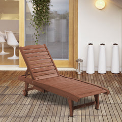 Chaise Lounge Chair Outdoor Wooden Pool Lounge Chair with 3-level Adjustable Backrest, Built-In Table and Rolling Wheels, Sun Tanning Chair for Beach Poolside Sunbathing, Brown Red