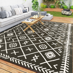 Reversible Outdoor Rug, Waterproof Plastic Straw with Carry Bag, 9' x 12', Black & Beige Rhombus