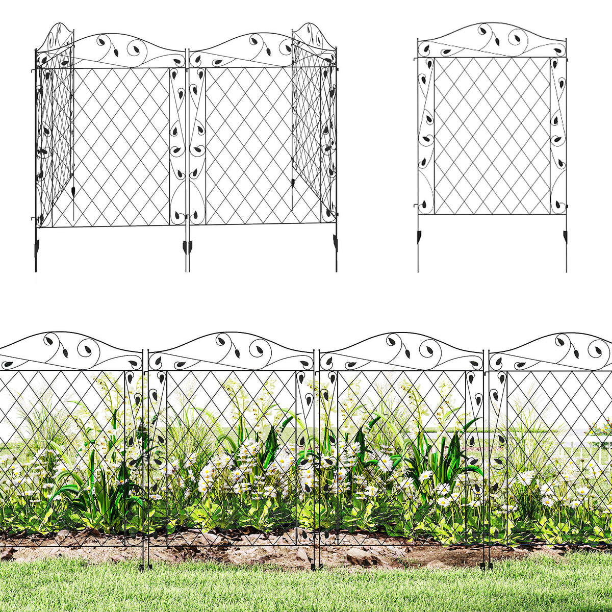 Garden Fence, 4 Pack Steel Fence Panels, 11.5' L x 43" H, Rust-Resistant Decorative Border Flower Edging for Yard, Landscape, Patio, Outdoor Decor, Wavey Vines