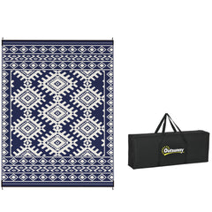 Reversible Outdoor Rug, Waterproof Plastic Straw with Carry Bag, 9' x 12', Blue & White Rhombus Border