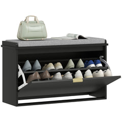 Shoe Storage Bench with Padded Seat Cushion and Flip-Drawer, Entryway Bench, Shoe Cabinet, 31.5x10.2x18.7 Inches, Black