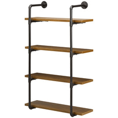 4-Tier Industrial Pipe Shelves Floating Wall Mounted Bookshelf, Metal Frame Display Rack, 1" Thickness Shelving Unit for Farmhouse, Kitchen, Bar, Rustic Brown
