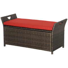 29 Gallon Patio Wicker Storage Bench, Outdoor PE Rattan Patio Furniture, 2-In-1 Large Capacity Rectangle Garden Storage Box with Handles and Cushion, Red