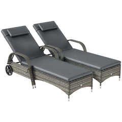 2 Reclining Chaise Lounge Chairs, Rolling Outdoor Chairs with Cushion, Pillow, Headrest, Armrests, and Wheels, Gray
