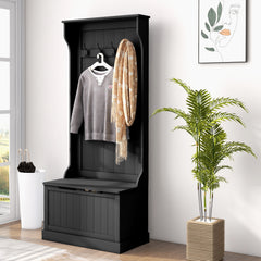 Entryway Hall Tree with Coat Rack and Sitting Bench, Mudroom Bench with Storage and Hooks, Black