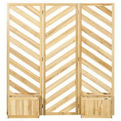 Decorative Outdoor Privacy Screen, Freestanding Divider/Separator with 4 Self-Draining Planters, 3 Trellis Plant Support Panels for Garden Walkway, Backyard, Natural Wood