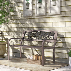 50" Outdoor Bench, Metal Garden Bench with Floral Pattern Backrest, Porch Bench with Slatted Seat for Park, Yard, Lawn, Brown