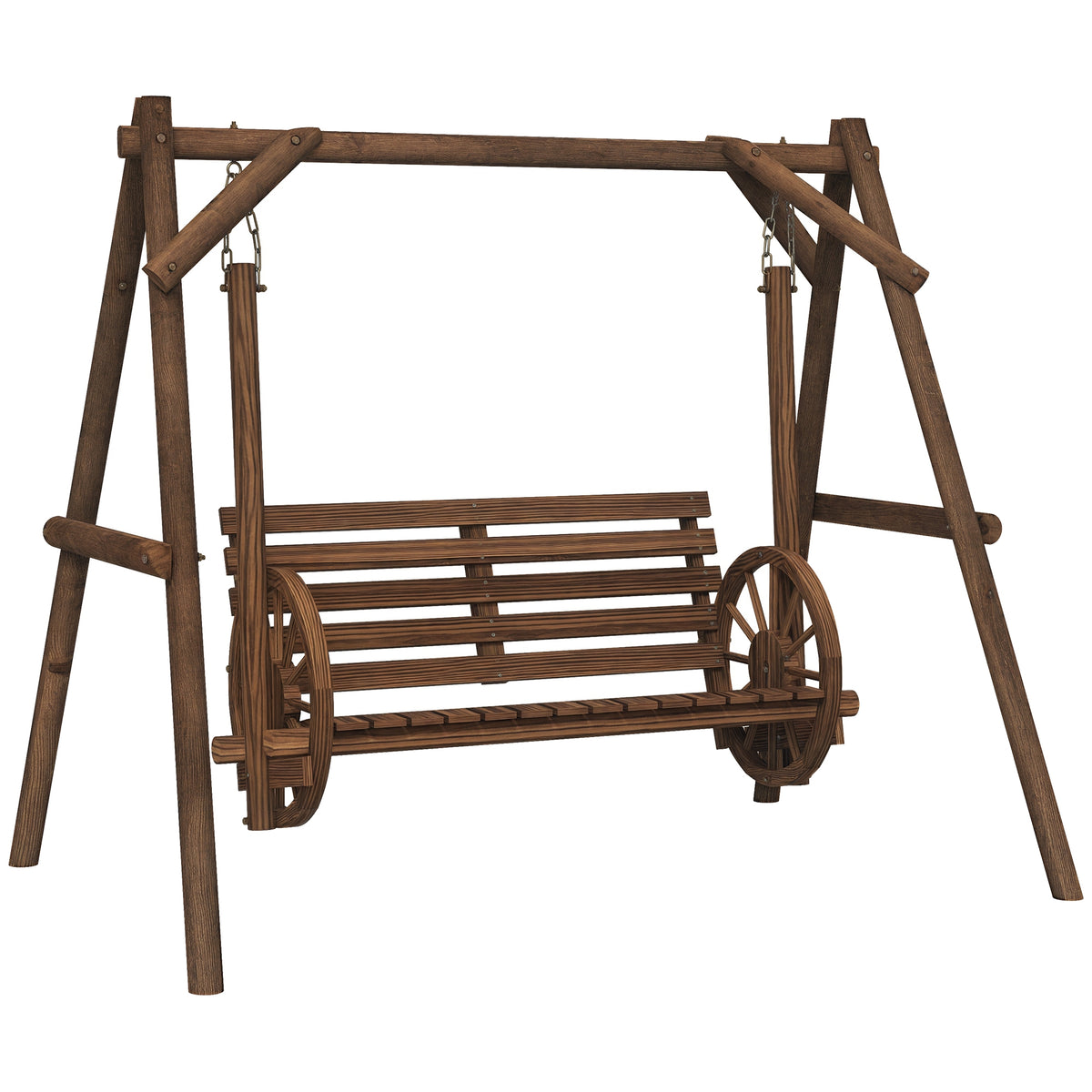 2-Seat Porch Swing with A-Frame Stand, Wooden Log Patio Swing Chair Bench with Wagon Wheel Armrests, Carbonized Brown