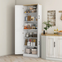 Freestanding Kitchen Pantry, 4-Door Kitchen Pantry Cabinet with Adjustable Shelves and Doors, White Embossed Wood Grain