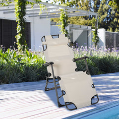 Folding Chaise Lounge Chair for Outside, 2-in-1 Tanning Chair with Pillow & Pocket, Adjustable Pool Chair for Beach, Patio, Lawn, Deck, Cream White