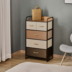 5-Drawer Fabric Dresser Tower, 4-Tier Storage Organizer with Steel Frame for Hallway, Bedroom, and Closet, Maple Wood