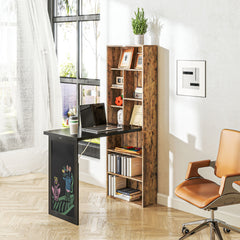Fold-out Convertible Home Office Desk, Computer Desk with Blackboard and Side Shelf, Rustic Brown