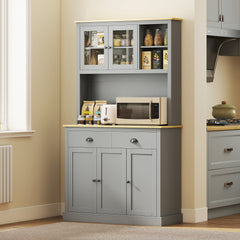 Freestanding Kitchen Cabinet, 71" Tall Pantry Cabinet, Modern Hutch with Wide Countertop, Adjustable Shelves, Gray