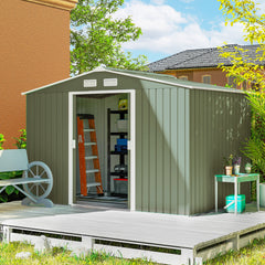 9' x 6' Outdoor Storage Shed, Garden Tool Metal Shed with Foundation Kit, Double Lockable Door, Air Vents and Sloping Roof, for Backyard, Patio, Lawn, Green