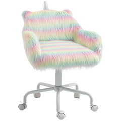 Fluffy Unicorn Office Chair with Mid-Back and Armrest Support, 5 Star Swivel Wheel White Base, Rainbow