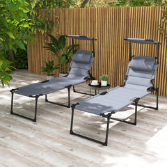 2 Pcs Outdoor Lounge Chair, 4 Position Adjustable Backrest, Folding, Cushioned w/ Sun Shade Roof & Pillow, Gray