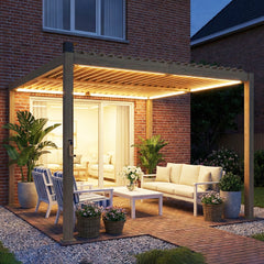 10' x 10' Louvered Pergola with Solar LED lights, Metal Roof, Outdoor Pergola Patio Gazebo with Drainage Gutters, Brown