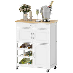 Rolling Kitchen Cart, Kitchen Island with Storage Drawer, 9-bottle Wine Rack, Door Cabinets, Wooden Countertop, White