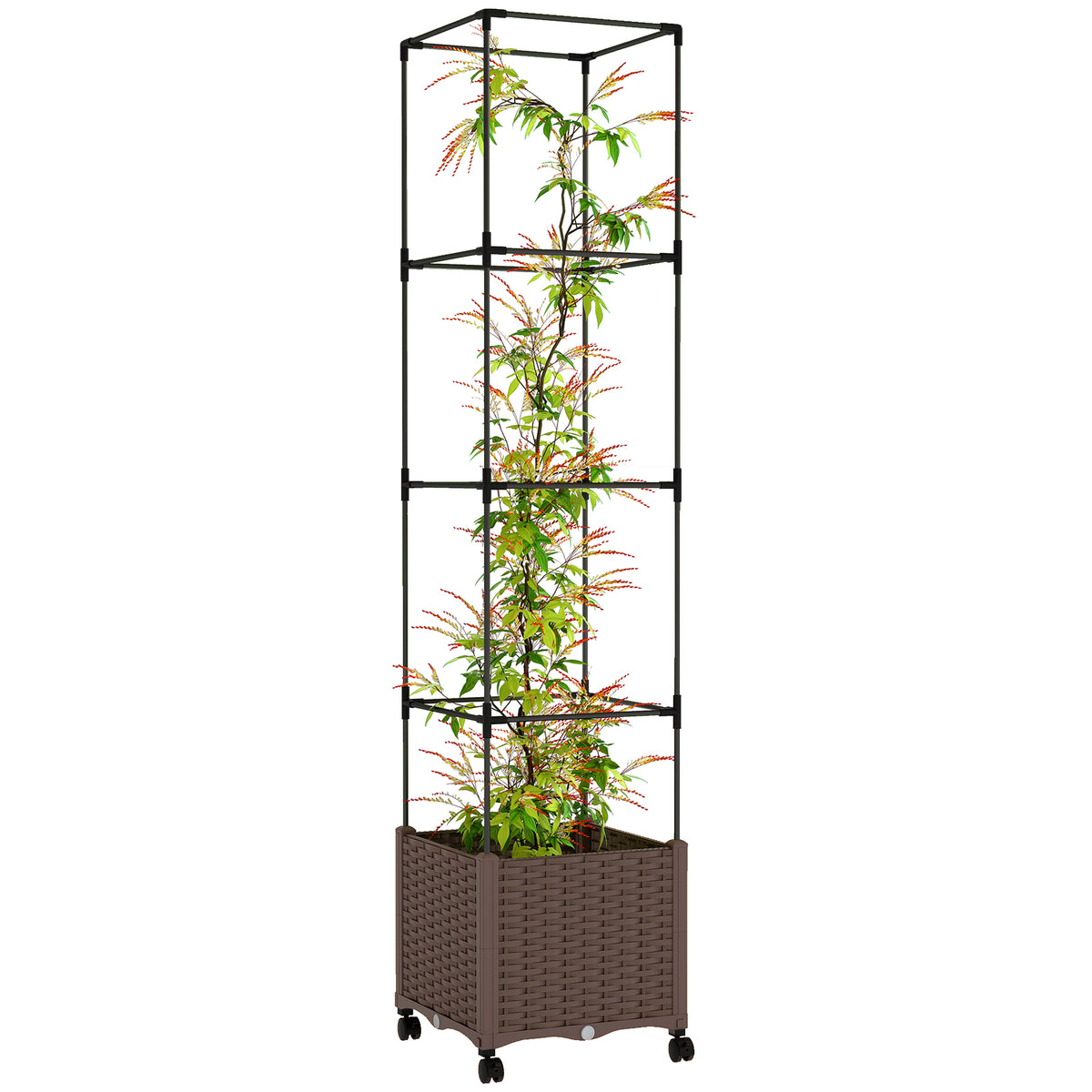 Raised Garden Bed with Trellis, Tomato Cage with Lockable Wheels, Self Watering Planter Box with Drainage Holes, Brown