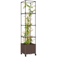 Raised Garden Bed with Trellis, Tomato Cage with Lockable Wheels, Self Watering Planter Box with Drainage Holes, Brown
