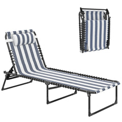 Folding Chaise Lounge Pool Chair with 4-Position Reclining Back, Pillow, Breathable Mesh & Bungee Seat, Blue & White