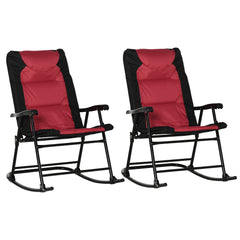 Oversized Folding Rocking Camping Chair Set of 2, Padded Outdoor Rockers with High Back and Armrests, Portable Outdoor Patio Chairs with Steel Frame for Garden, Porch, Lawn, Red