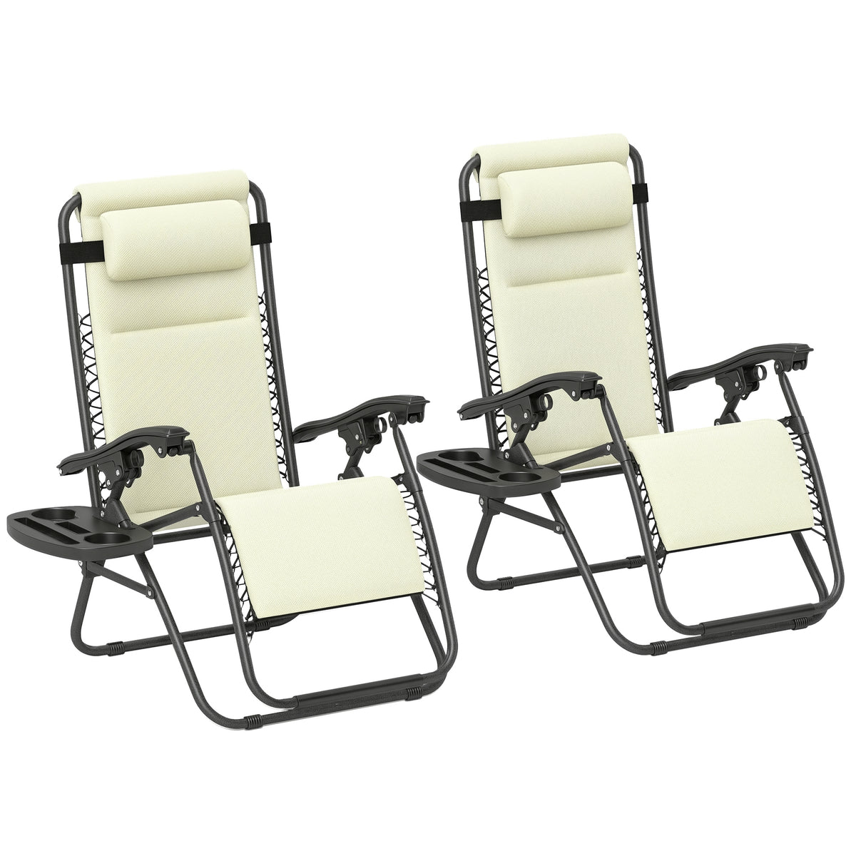 Zero Gravity Lounge Chair Set, 2 Pieces Reclining Folding Outdoor Lounge Chairs with Headrest Side Tray, Cream