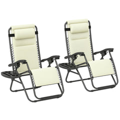 Zero Gravity Lounge Chair Set, 2 Pieces Reclining Folding Outdoor Lounge Chairs with Headrest Side Tray, Cream