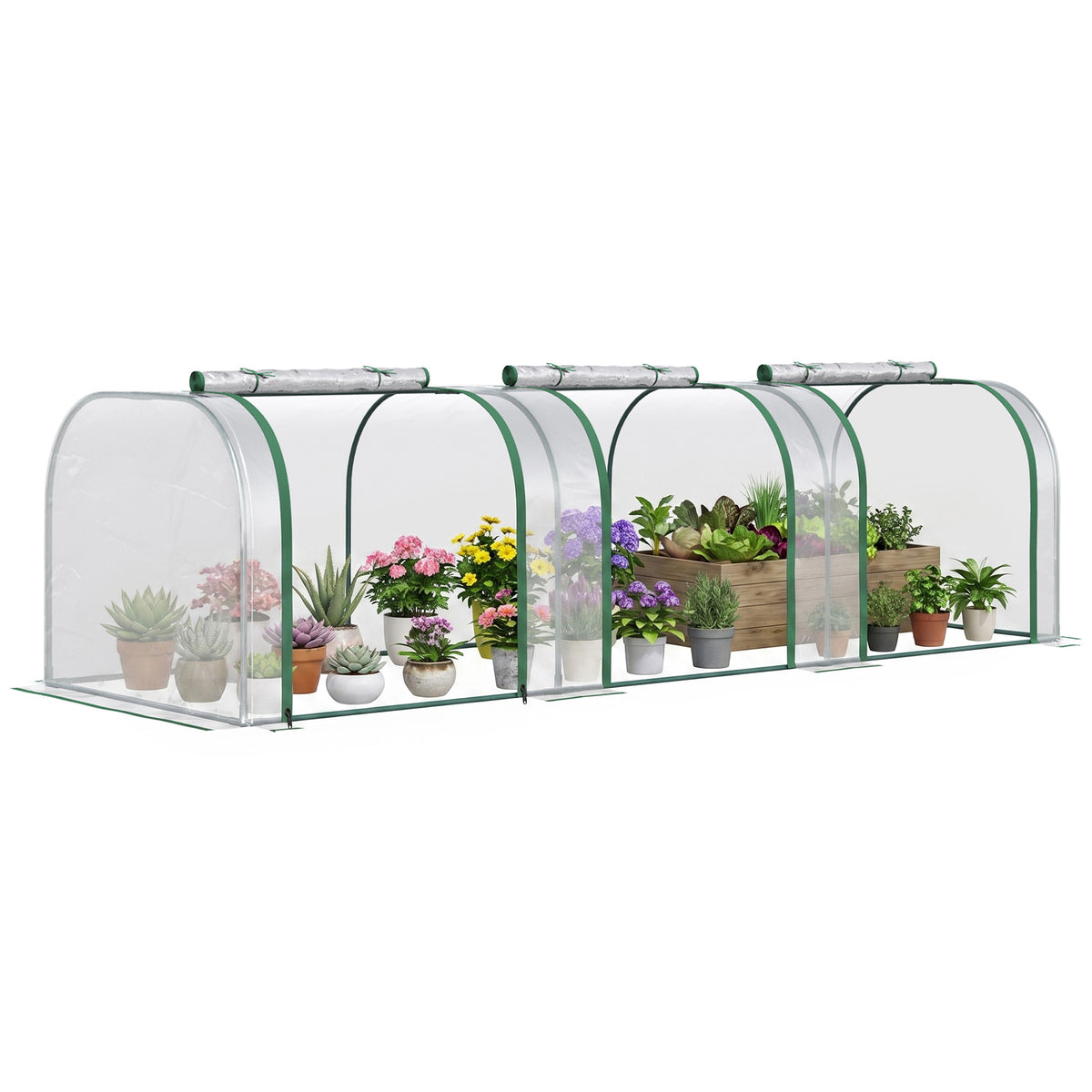 9.7' L x 3' W x 2.5' H Portable Tunneled Greenhouse with 3 Zippered Doors, Water/UV Fighting PVC Cover