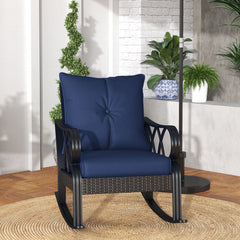 Outdoor Wicker Rocking Chair with Padded Cushions, Aluminum Furniture, Rattan Porch Rocker Chair w/ Armrest, Navy Blue