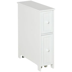 Slim Bathroom Cabinet, Freestanding Storage Cabinet, Toilet Paper Holder with Two Drawers, Side Towel Rack, and Wheels, 7 x 20.5 x 24.75 Inches, White