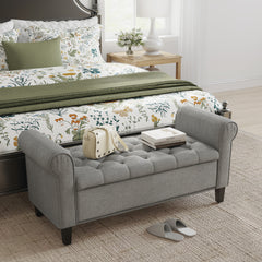 50 Inches Storage Ottoman, End of Bed Bench with Rolled Arms, Wood Legs, Button Tufted Storage Bench, Gray