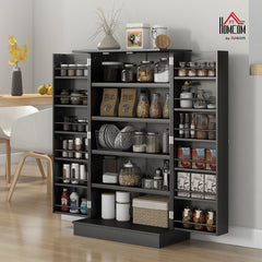 Freestanding Kitchen Pantry Cabinet, Kitchen Cabinet with 12 Door Shelves, Double Doors, 5-tier Shelving, Black