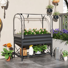 Raised Garden Bed with Legs and Cover, Metal Elevated Planter Box with Bottom Shelf and Liner for Vegetables, Dark Gray