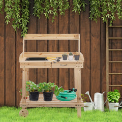 36'' Wooden Potting Bench Work Table with 2 Removable Wheels, Sink, Drawer & Large Storage Spaces, Natural