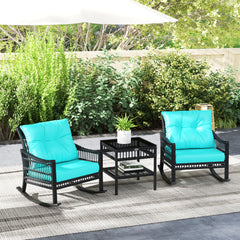 3 Piece Outdoor PE Rattan Rocker Chair Set, Rocking Chair with Tempered Glass Table Top, Turquoise Green