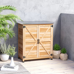 Wooden Storage Cabinet, Outdoor Prep Table w/ Metal Tabletop, Shelves and Double Doors for Patio, Garden, Natural Wood