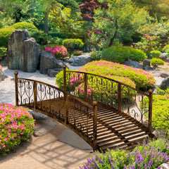 7' Metal Arch Garden Bridge Arc Footbridge with Side Railings Decorative Scrollwork, Bronze