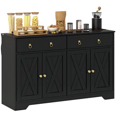 Kitchen Storage Sideboard, Farmhouse Buffet Cabinet with Barn Style Doors, Drawers, Adjustable Shelves, Black