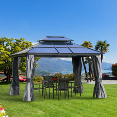 10' x 12' Hardtop Gazebo Canopy with Polycarbonate Roof, Aluminum Frame, Permanent Pavilion Outdoor Gazebo with Netting, for Patio, Garden, Backyard, Deck, Lawn, Light Gray