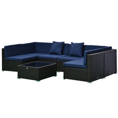 7 Piece Patio Furniture Set, Wicker Outdoor Sectional Sofa Set, All Weather PE Rattan Outdoor Furniture Conversation Sets with Cushions, Glass Top Coffee Table, Pillows, Dark Blue