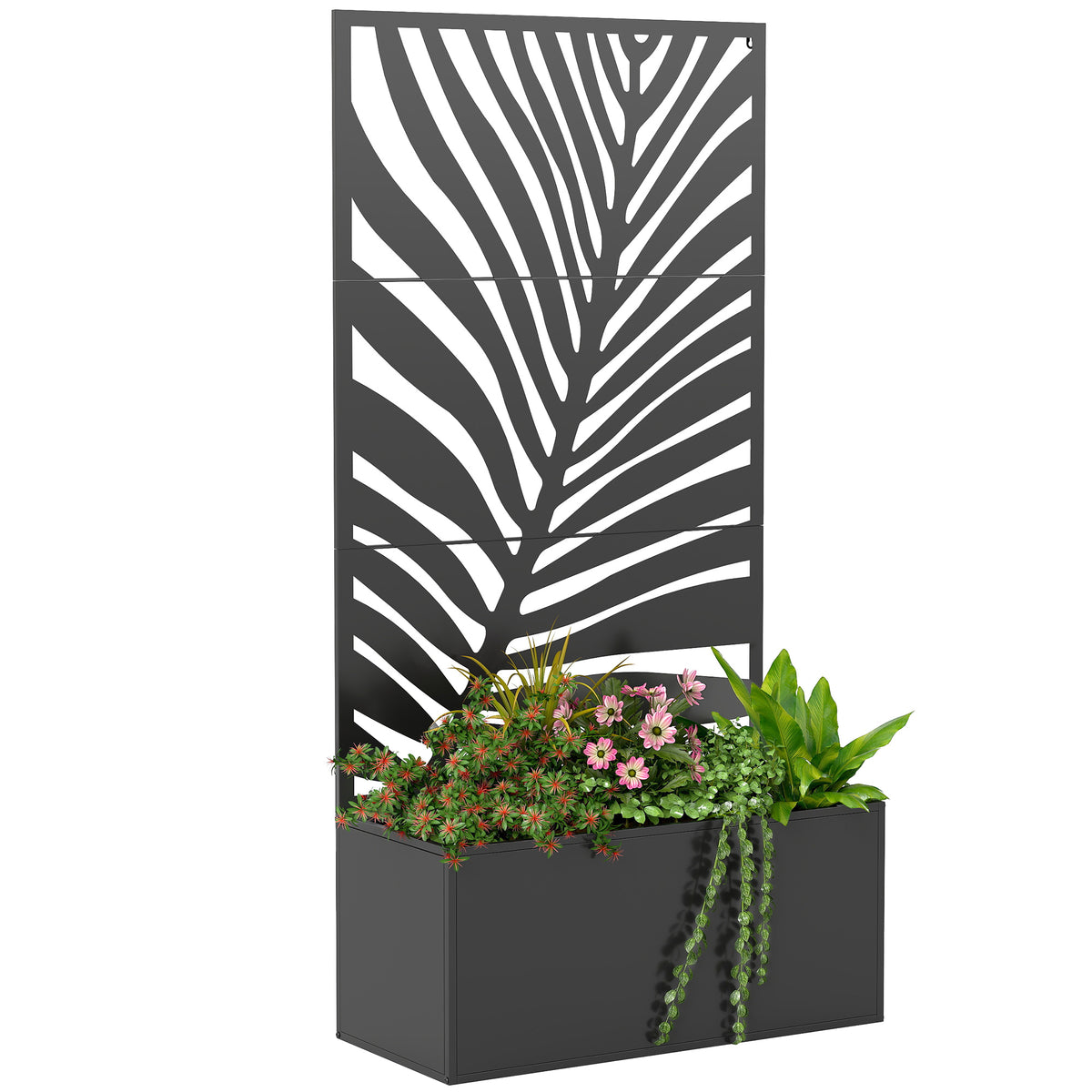 Metal Planter Box with Trellis, Raised Garden Bed with Trellis Large Leaf Cut-Out Privacy Screen for Climbing Plants