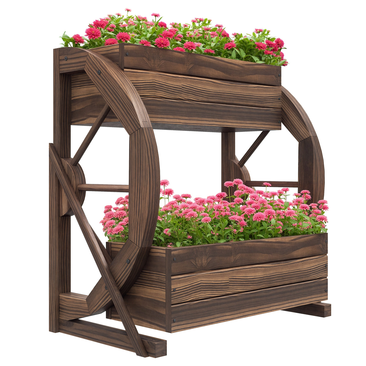 Wooden Wagon Planter Box, 2-Tier Raised Garden Bed, for Vegetables Flowers Herbs, 22" x 13" x 22"