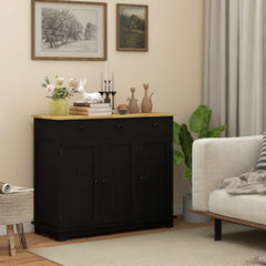 Kitchen Storage Cabinet, Sideboard Floor Cupboard with Solid Wood Top, Adjustable Shelf, and 3 Drawers, Black Wood Grain