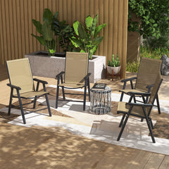 Set of 4 Outdoor Folding Chairs, Stackable Patio Dining Chairs with Armrests, Metal Frame, Light Mixed Brown