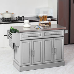 Rolling Kitchen Island Cart with 47" Stainless Steel Top, Portable Island Table for Kitchen with Wheels, Adjustable Shelves, 2 Drawers, Spice, Knife and Towel Rack, Gray