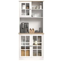 Kitchen Pantry Storage Cabinet, 72" Freestanding Cabinet with Hutch, Large Countertop, Glass Doors and Adjustable Shelves for Dining Room, White