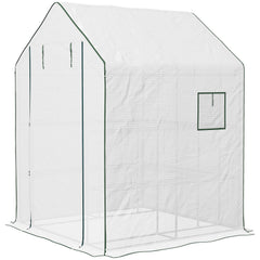 Portable Greenhouse, Water/UV Resistant Walk-In Small Outdoor Green House with 2 Tier Flower Rack Shelves, White